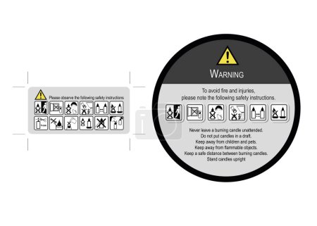 Safety labels in gray and floor label with icons for candles. Vector