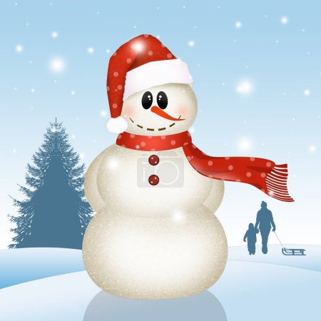 Foto de Ilustración divertida de muñeco de nieve con gorra y bufanda - Imagen libre de derechos