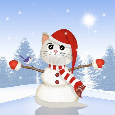 Foto de Ilustración del gato muñeco de nieve en invierno - Imagen libre de derechos