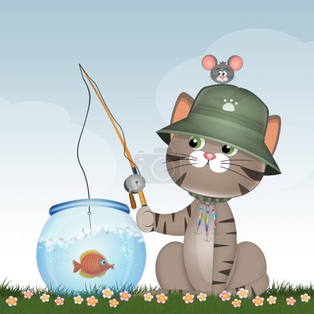 Photo for Illustration of the kitten catching the little fish - Royalty Free Image