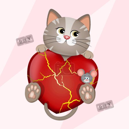 Photo for Illustration of the cat on the heart Japanese kintsugi - Royalty Free Image