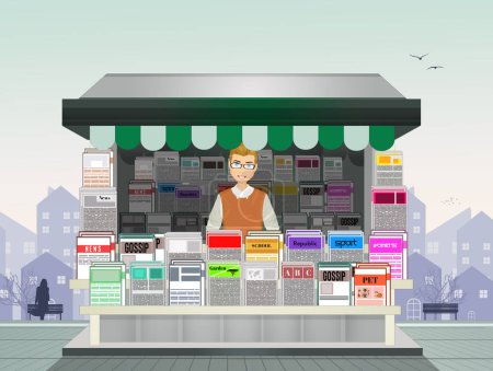 cute illustration of man in the newsstand