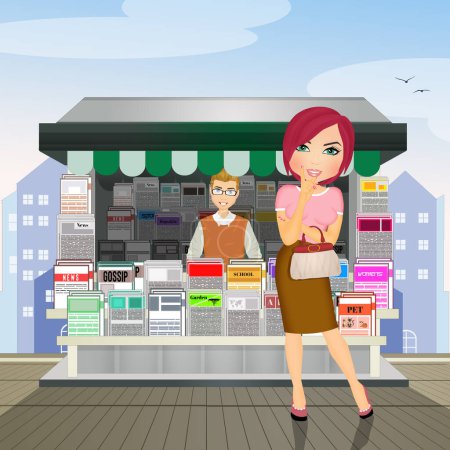 illustration of woman buys the newspaper at the newsstand