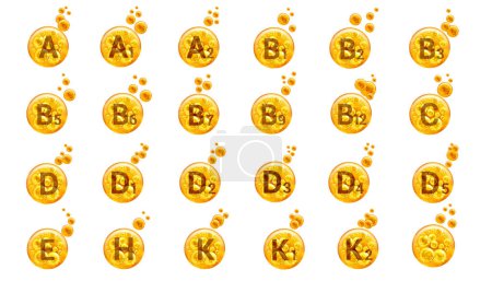 Téléchargez les photos : Ensemble d'icônes de vitamines. Boules dorées avec bulles isolées sur fond blanc. Concept de mode de vie sain. - en image libre de droit