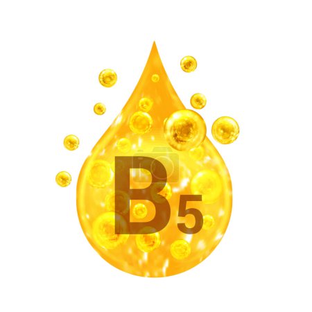Vitamin B5. Bilder von goldenen Tropfen und Kugeln mit Sauerstoffblasen. Gesundheitskonzept. Isoliert auf weißem Hintergrund