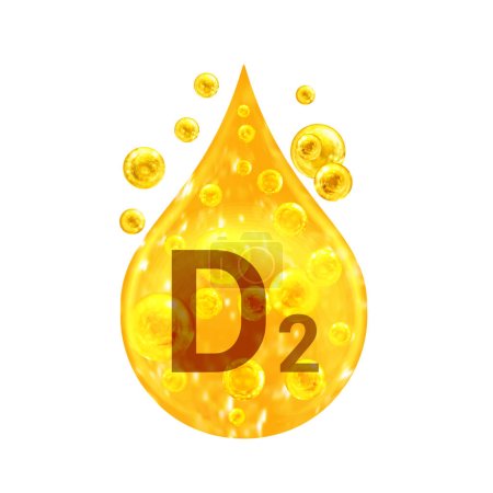 Photo for Vitamin D2. Images golden drop and balls with oxygen bubbles. Health concept. Isolated on white background - Royalty Free Image