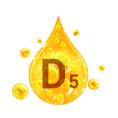 Téléchargez les photos : Vitamine D5. Images goutte d'or et boules avec bulles d'oxygène. Concept de santé. Isolé sur fond blanc - en image libre de droit