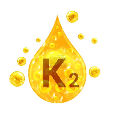 Téléchargez les photos : Vitamine K2. Images goutte d'or et boules avec bulles d'oxygène. Concept de santé. Isolé sur fond blanc - en image libre de droit