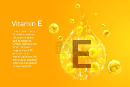 Téléchargez les photos : Vitamine E. Baner avec des images vectorielles de gouttes d'or avec des bulles d'oxygène. Concept de santé. - en image libre de droit