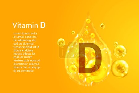 Téléchargez les photos : Vitamine D. Baner avec des images vectorielles de gouttes d'or avec des bulles d'oxygène. Concept de santé. - en image libre de droit