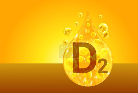 Téléchargez les photos : Vitamine D2. Des gouttes d'or avec des bulles d'oxygène. Concept de santé - en image libre de droit
