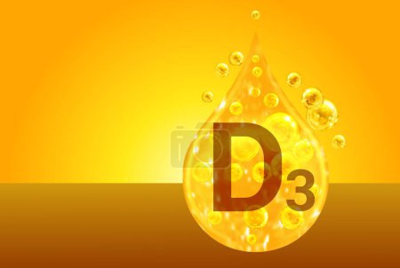 Téléchargez les photos : Vitamine D3. Des gouttes d'or avec des bulles d'oxygène. Concept de santé - en image libre de droit
