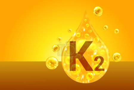 Téléchargez les photos : Vitamine K2. Des gouttes d'or avec des bulles d'oxygène. Concept de santé - en image libre de droit
