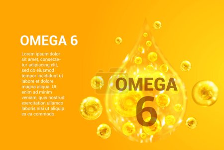 Ilustración de Vitamina OMEGA 6. Baner con imágenes vectoriales de gotas doradas con burbujas de oxígeno. Concepto de salud. - Imagen libre de derechos