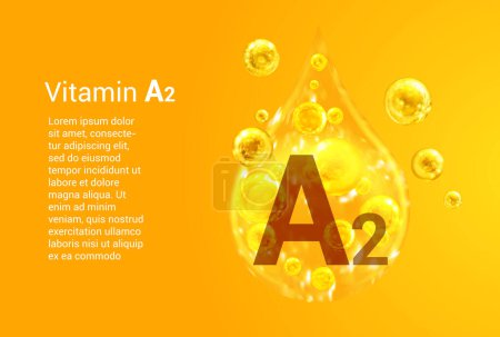 Illustration for Vitamin A2. Baner with vector images of golden drops with oxygen bubbles. Health concept. - Royalty Free Image