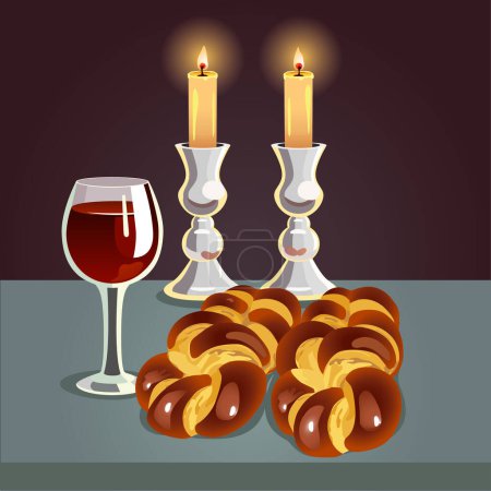Schabbathintergrund mit Kerzen, Challahs und Kiddusch-Wein. Vektorillustration.