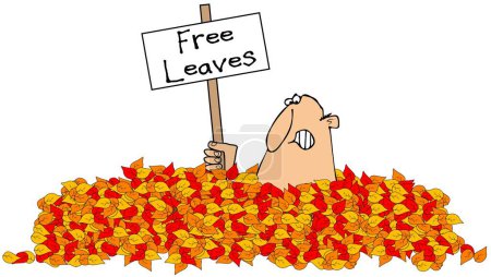 Foto de Ilustración de un hombre casi enterrado en hojas caídas de otoño sosteniendo un signo de hojas libres. - Imagen libre de derechos