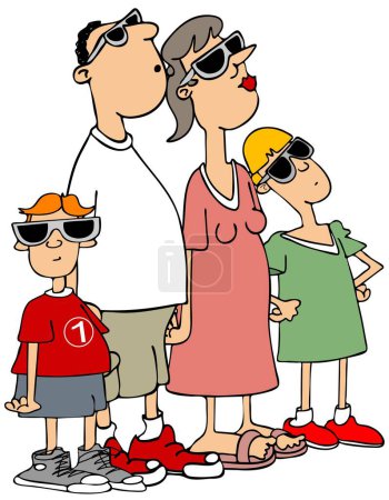 Illustration einer Familie, die eine Sonnenfinsternis mit einer speziellen Brille beobachtet.