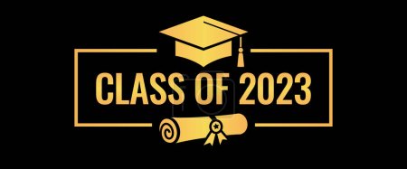 Illustration for Class of 2023 year, graduation vector banner over black background - Royalty Free Image