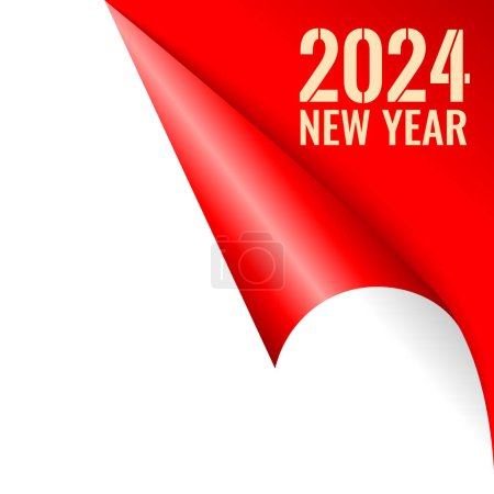 Téléchargez les illustrations : Nouvel An 2024 salutation design, recroquevillé coin de la page sur fond blanc - en licence libre de droit