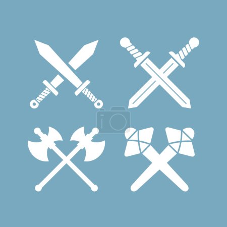 Antiguo icono de arma de espada conjunto aislado sobre fondo azul