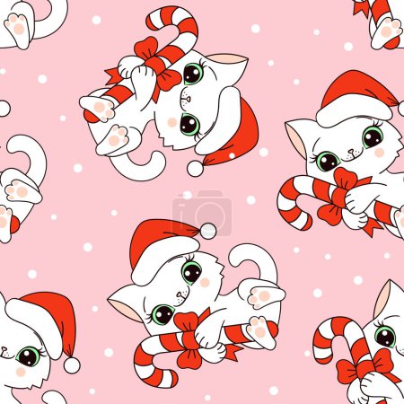 Illustration for Seamless pattern with white kittens with Christmas candy on a pink background. For the design of fabrics, fronts, backgrounds, wrapping papers, etc. Vector - Royalty Free Image