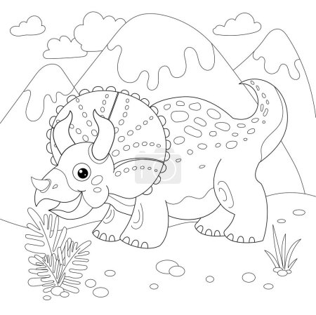 Illustration for Funny cartoon prehistoric dinosaur Triceratops. Black and white linear drawing. For the design of childrens coloring books, prints, posters, cards, stickers, puzzles, games and so on. Vector - Royalty Free Image