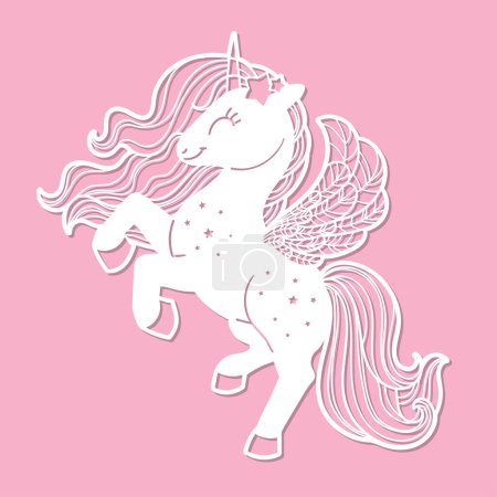 Illustration for Magic unicorn. Template for laser cutting of paper, crton, wood, metal. Fairy tale character for children. For the design of cards, stickers, holiday decorations, stencils, silkscreen and so on. Vector - Royalty Free Image