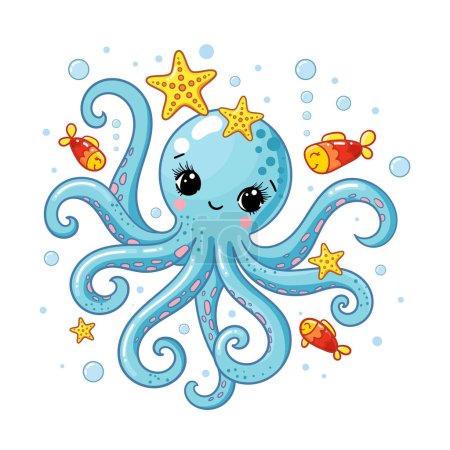 Illustration for Cute cartoon blue octopus with fish and starfish. Children's illustration. Marine theme. For children's design of prints, posters, cards, puzzles, educational materials. Vector - Royalty Free Image
