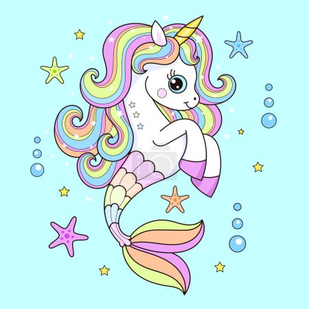 Cute cartoon seahorse unicorn with rainbow mane. For children's design of prints, posters, nukes, postcards, puzzles, etc. Vector illustration