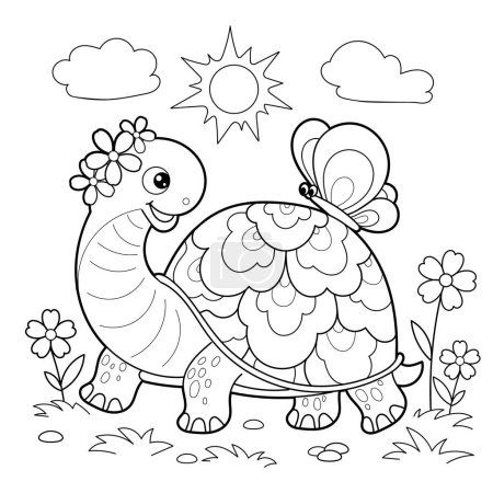 Illustration for Cartoon turtle with a butterfly on its back. Black and white linear drawing. For the design of children's coloring books, prints, posters, cards, stickers, puzzles and so on. Vector - Royalty Free Image