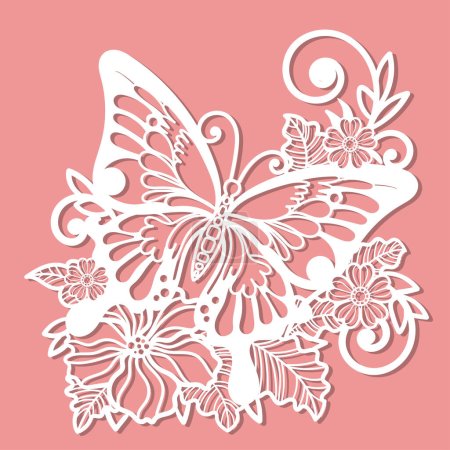 Illustration for Butterfly with on a branch with flowers. Template for laser cutting of paper, cardboard, wood, metal, etc. For the design of wedding cards, envelopes, interior decoration and so on. Vector - Royalty Free Image