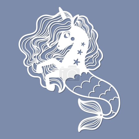 Illustration for Seahorse unicorn. Template for laser cutting of paper, cardboard, metal, wood. For the design of postcards, stickers, stencils, interior decorations, silk screen printing. Vector - Royalty Free Image