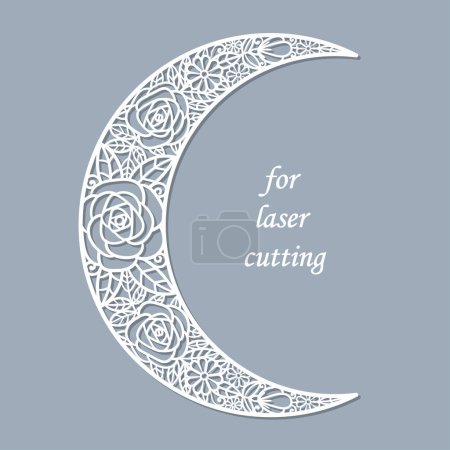 Illustration for Openwork Moon with flowers. Template for laser cutting of paper, wood, cardboard, metal. For the design of postcards, interior decorations, stencils, silkscreen printing, etc. Vector - Royalty Free Image