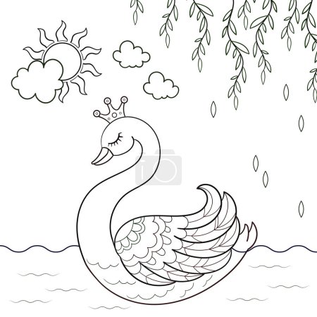 Ilustración de Hermosa princesa cisne con una corona. Dibujo lineal en blanco y negro. Para el diseño de libros para colorear, impresiones, carteles, tarjetas, pegatinas, etc. Vector - Imagen libre de derechos
