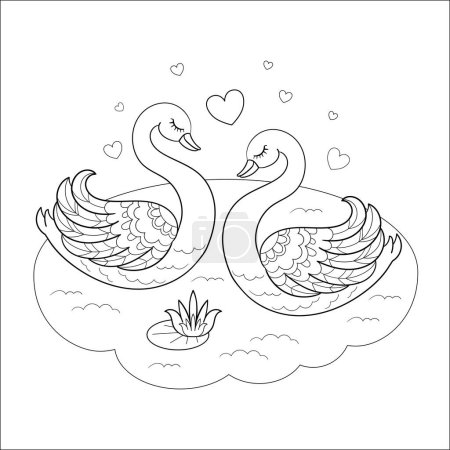 Illustration for Pair of beautiful swans in love. Black and white vector illustration. For children's design of coloring books, prints, posters, postcards, stickers, etc. Vector - Royalty Free Image