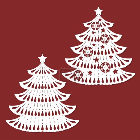 Illustration for Set of Christmas openwork trees. Template for laser cutting from paper, cardboard, wood, metal. For the design of cards, invitations, congratulations, interior decorations and so on. Vector - Royalty Free Image