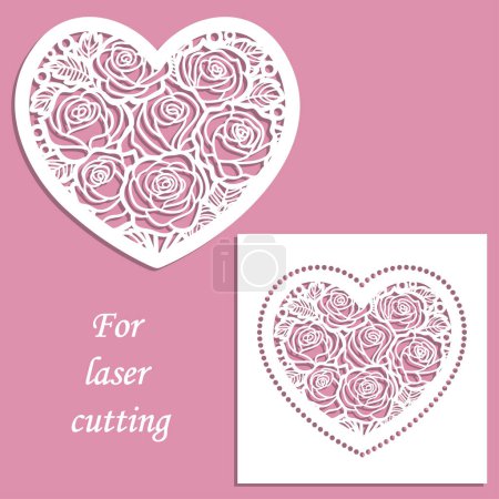 Illustration for Openwork heart with a floral pattern. A set of templates for laser cutting from paper, cardboard, wood, metal. For wedding design, Valentine's Day cards, congratulations, invitations, interior decorations, stencils, scrapbooking - Royalty Free Image