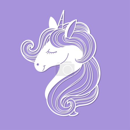 Illustration for Cartoon unicorn head. Template for laser cutting from paper, wood, cardboard, metal. For designing decor for a girl's room, cards, stencils, Christmas tree decorations, stickers, etc. Vector - Royalty Free Image