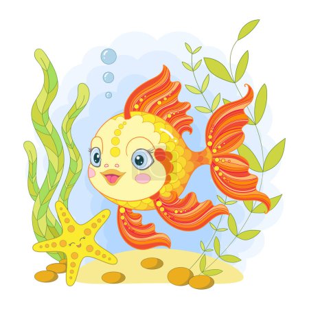 Funny, cartoon goldfish and starfish in the sea. For childrens design, prints, posters, cards, stickers, puzzles, etc. Vector illustration