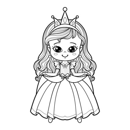 Cute little cartoon princess in a beautiful dress with long hair. Black and white linear drawing. For children's design of coloring books, prints, posters, cards, stickers, etc. Vector illustration.