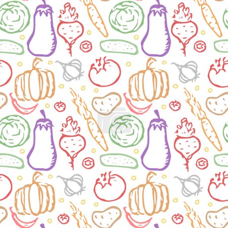 Ilustración de Patrón sin costuras con iconos de verduras. garabato patrón vegetal. Fondo alimentario - Imagen libre de derechos