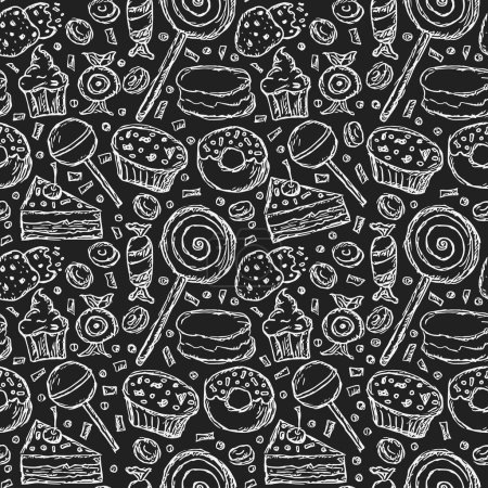 Illustration for Seamless pattern with sweets. Doodle vector illustration with sweets icons. Vintage sweets illustration, sweet elements background for your project, menu, cafe shop - Royalty Free Image
