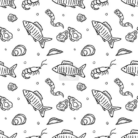 Téléchargez les illustrations : Modèle de fruits de mer sans couture. Dessiné fond de fruits de mer - en licence libre de droit