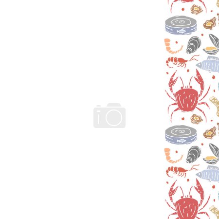 Téléchargez les illustrations : Fruits de mer fond. Illustration de fruits de mer dessinés avec place pour le texte - en licence libre de droit