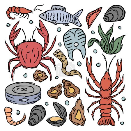 Téléchargez les illustrations : Icônes de fruits de mer. Dessiné fond de fruits de mer - en licence libre de droit