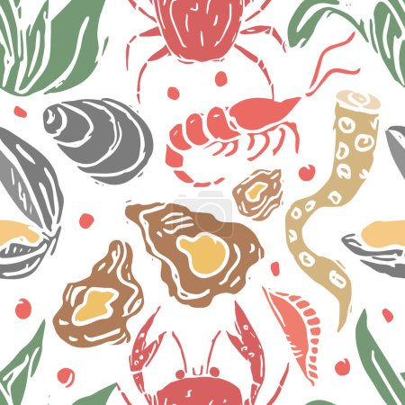 Téléchargez les illustrations : Modèle de fruits de mer colorés. Dessiné fond de fruits de mer - en licence libre de droit
