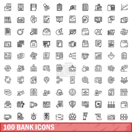 Téléchargez les illustrations : Ensemble de 100 icônes bancaires. Illustration schématique de l'ensemble vectoriel de 100 icônes bancaires isolées sur fond blanc - en licence libre de droit