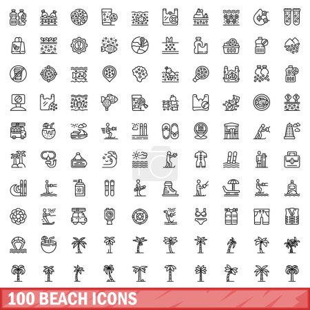 100 beach icons set. Outline illustration of 100 beach icons vector set isolated on white background