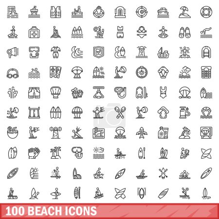 100 Strandsymbole gesetzt. Umriss Illustration von 100 Strand-Symbole Vektor gesetzt isoliert auf weißem Hintergrund